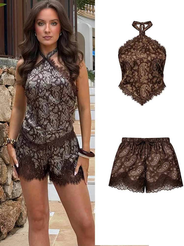 Urlaubs-Print-Shorts-Set für Damen: Ärmelloses Neckholder-Top mit Spitzeneinsatz und weiten Shorts – Sommer 2026 All-Matching Outfit für Damen
