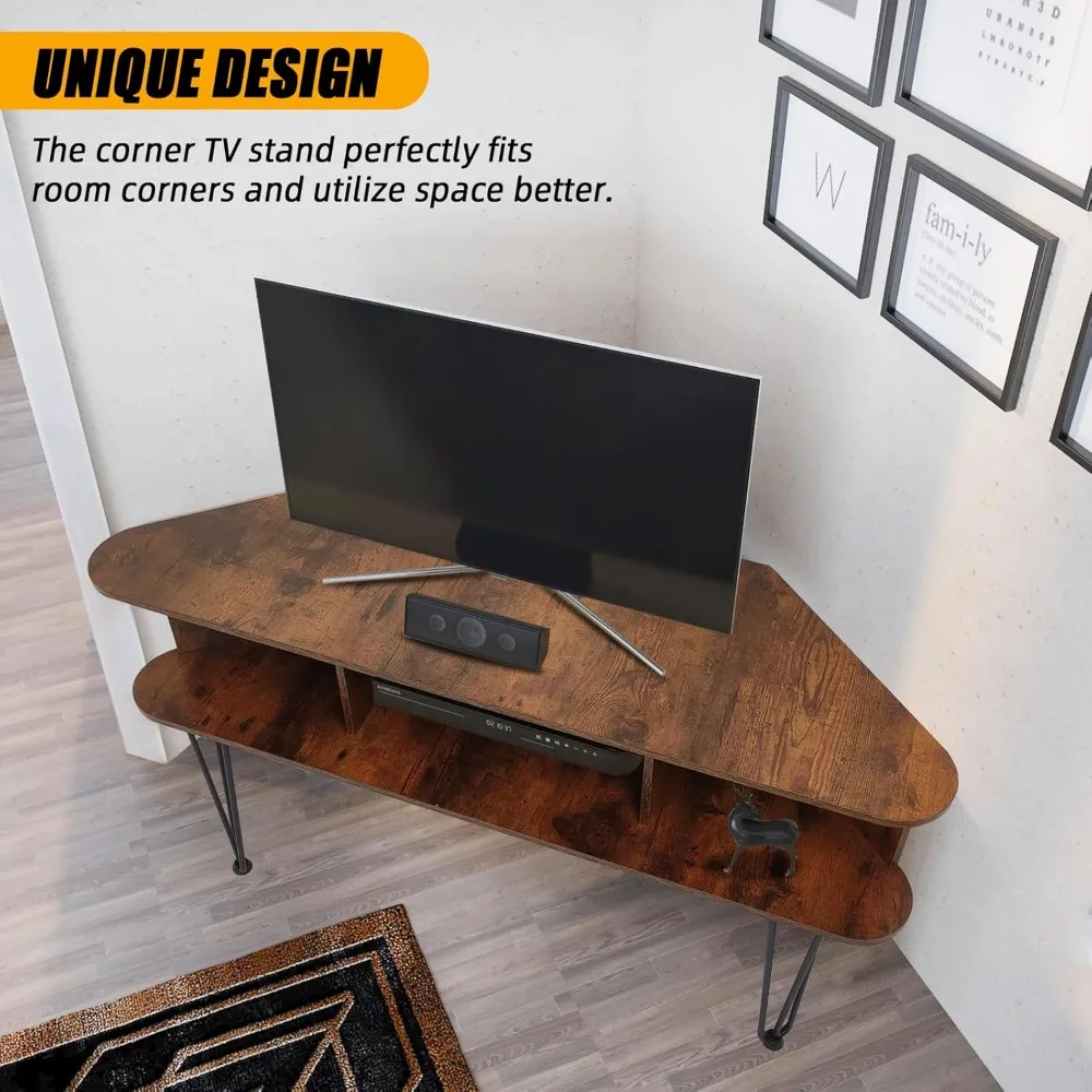 Corner TV console corner table with metal feet and non-slip pad, entertainment stand with cable holes, corner table brown