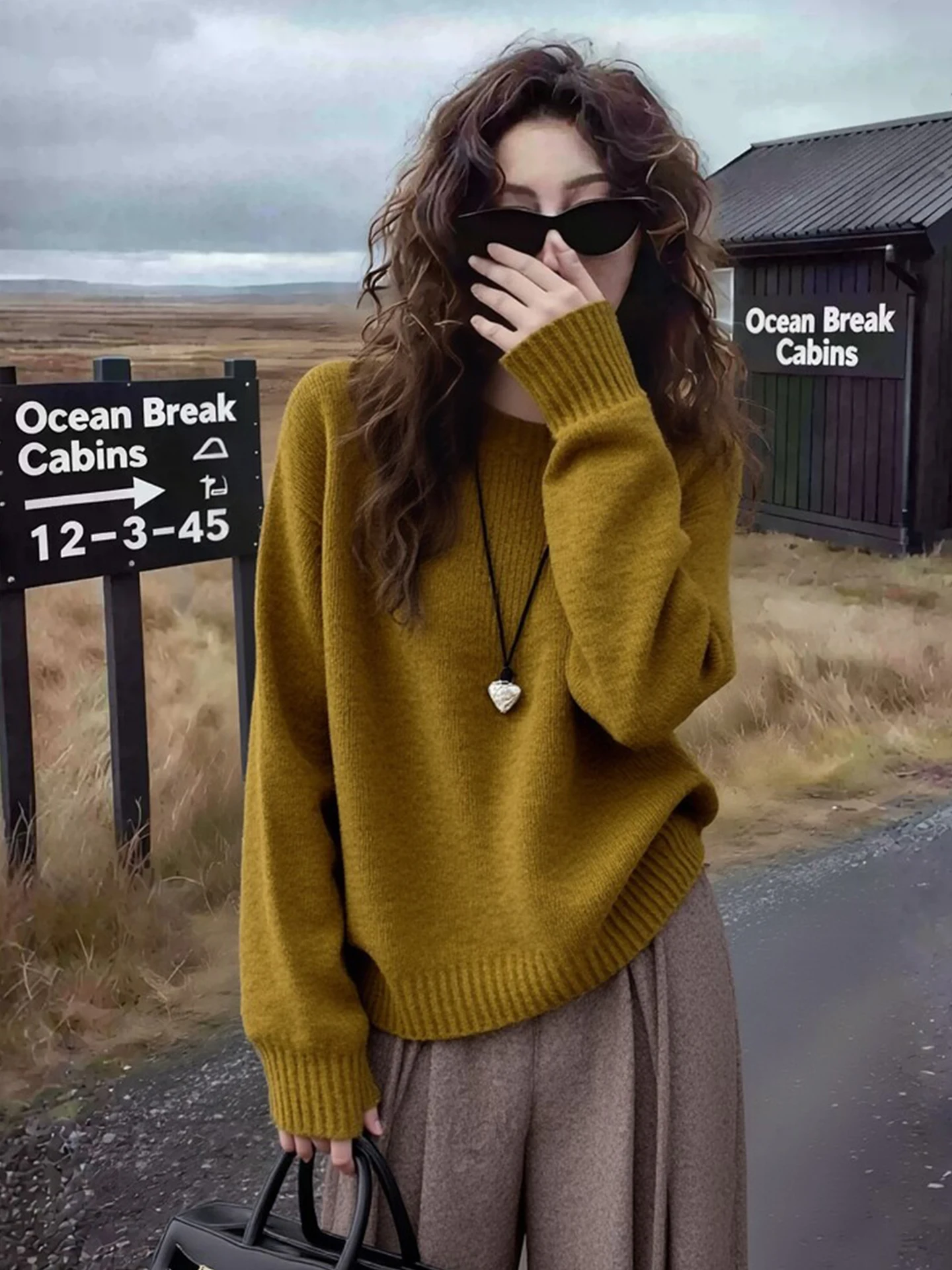 レトロ韓国風ニットセーター カラーシンプル ゆったり カジュアル 着痩せ ロングスリーブ レディース 冬ファション アウター