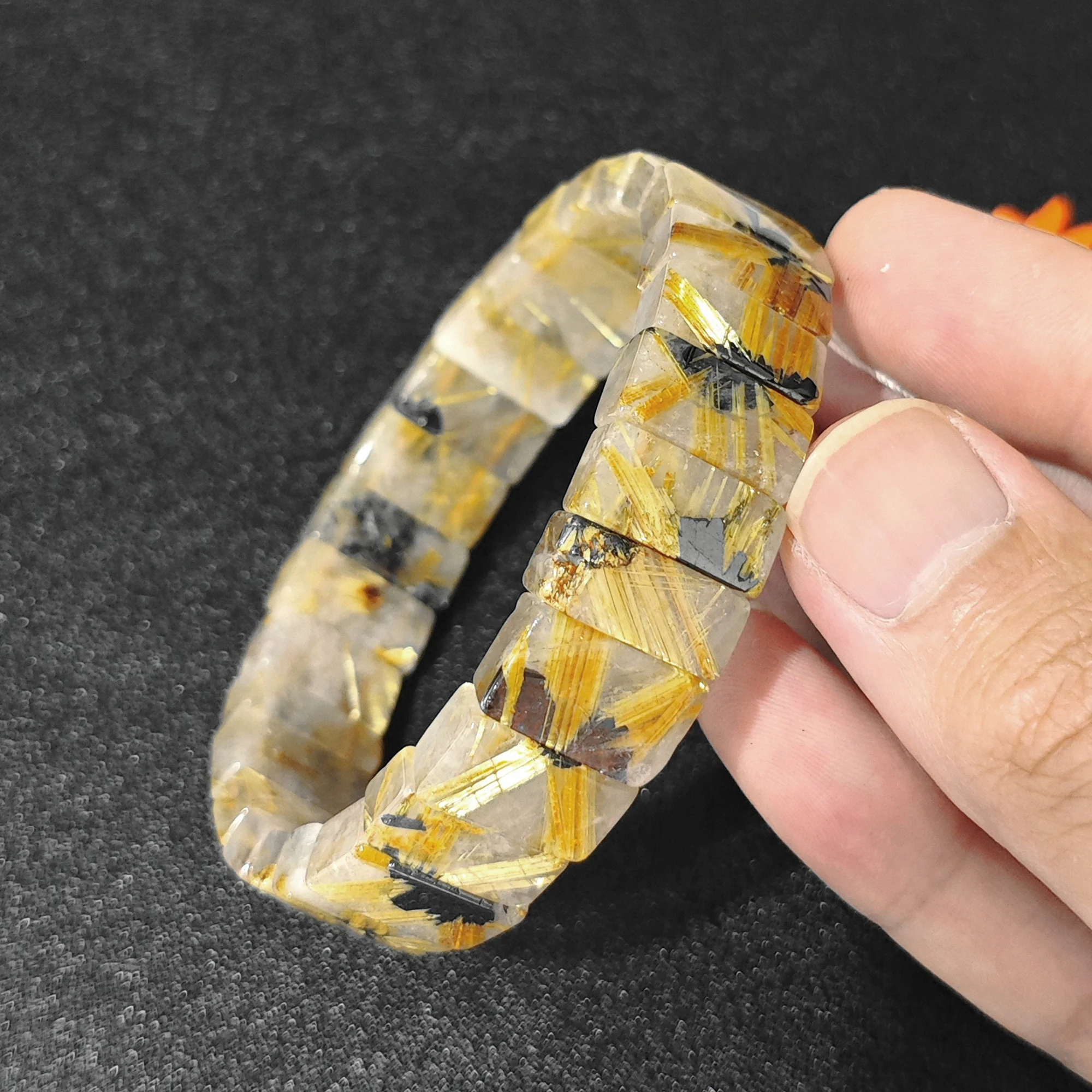 Natural Gold Rutilated Quartz Bracelet 16x8mm Rectangular Tile Segment Bangle Golden Rutile Gemstone Stretch Cuff Gift 16-22cm
