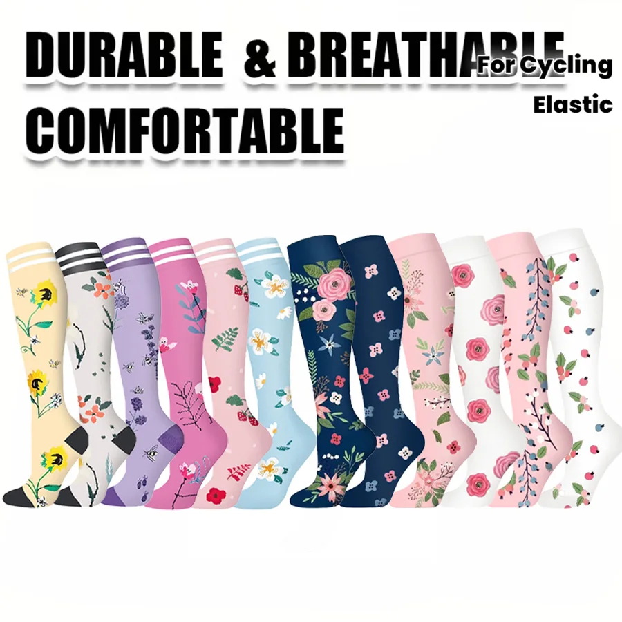 

12 пар компрессионных носков до колена с цветочным узором, дышащие всесезонные поддерживающие чулки для мужчин и женщин, беговые виды спорта