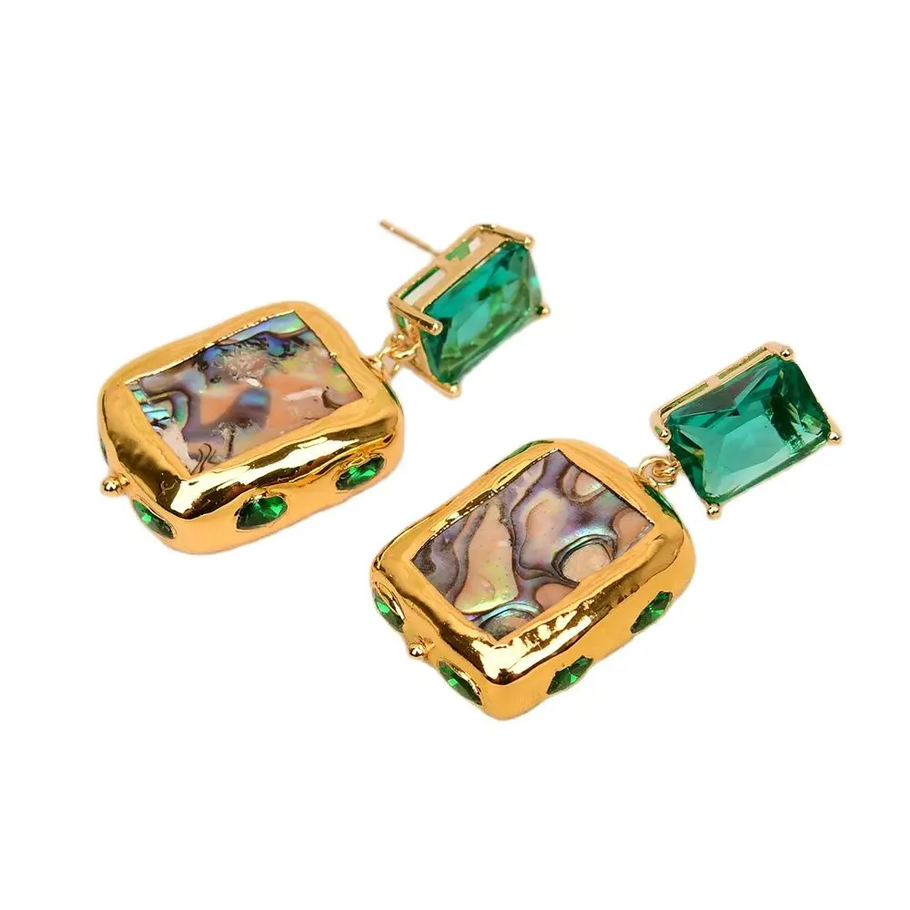 أقراط مطلية بالذهب ، ألوان مختلطة ، كريستال أخضر ، قشرة ، لؤلؤ ، زجاج ، عشيق