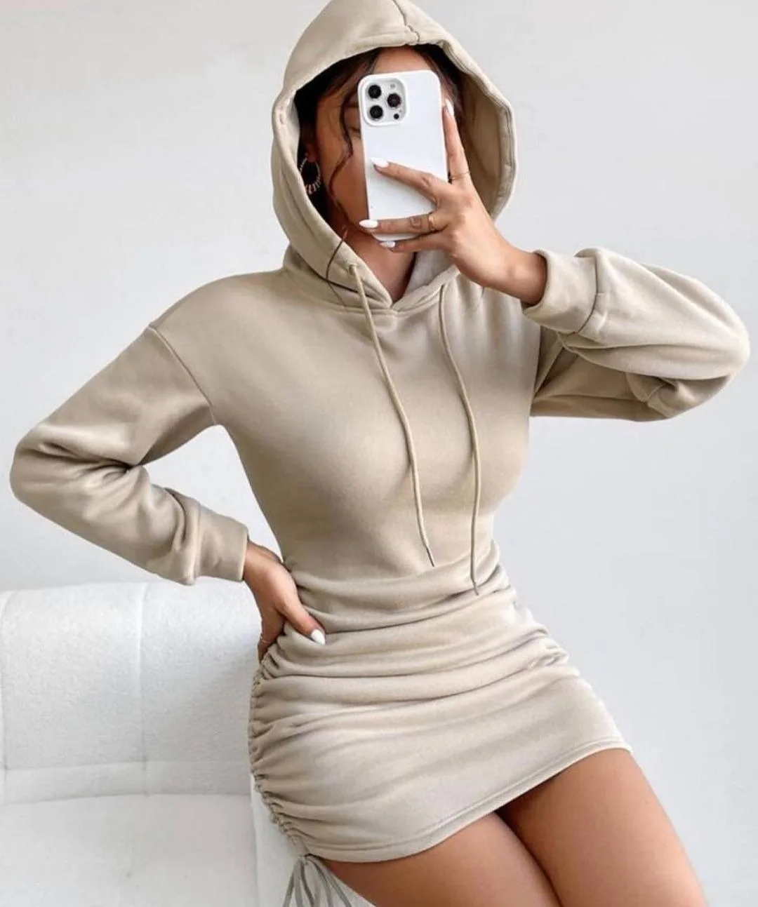 New Street Style Drawstring Design Hooded Hip Dress Women\'s Long Sleeve Sweatshirt Dresses