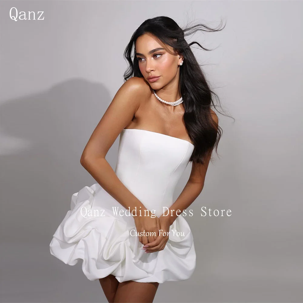 

Qanz Vintage White Satin Wedding Party Dresses Strapless Mini Ruffles Vestidos De Novia Sleeveless Robe De Mariée Customized