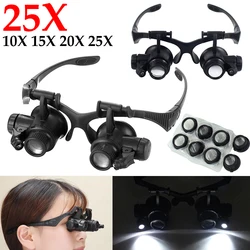 Magnifying Glass With LED Light 10X/15X/20X/25X Jeweler Watchmaker Telescopic Headband Magnifier Glasses Reading Loupes Eyewear