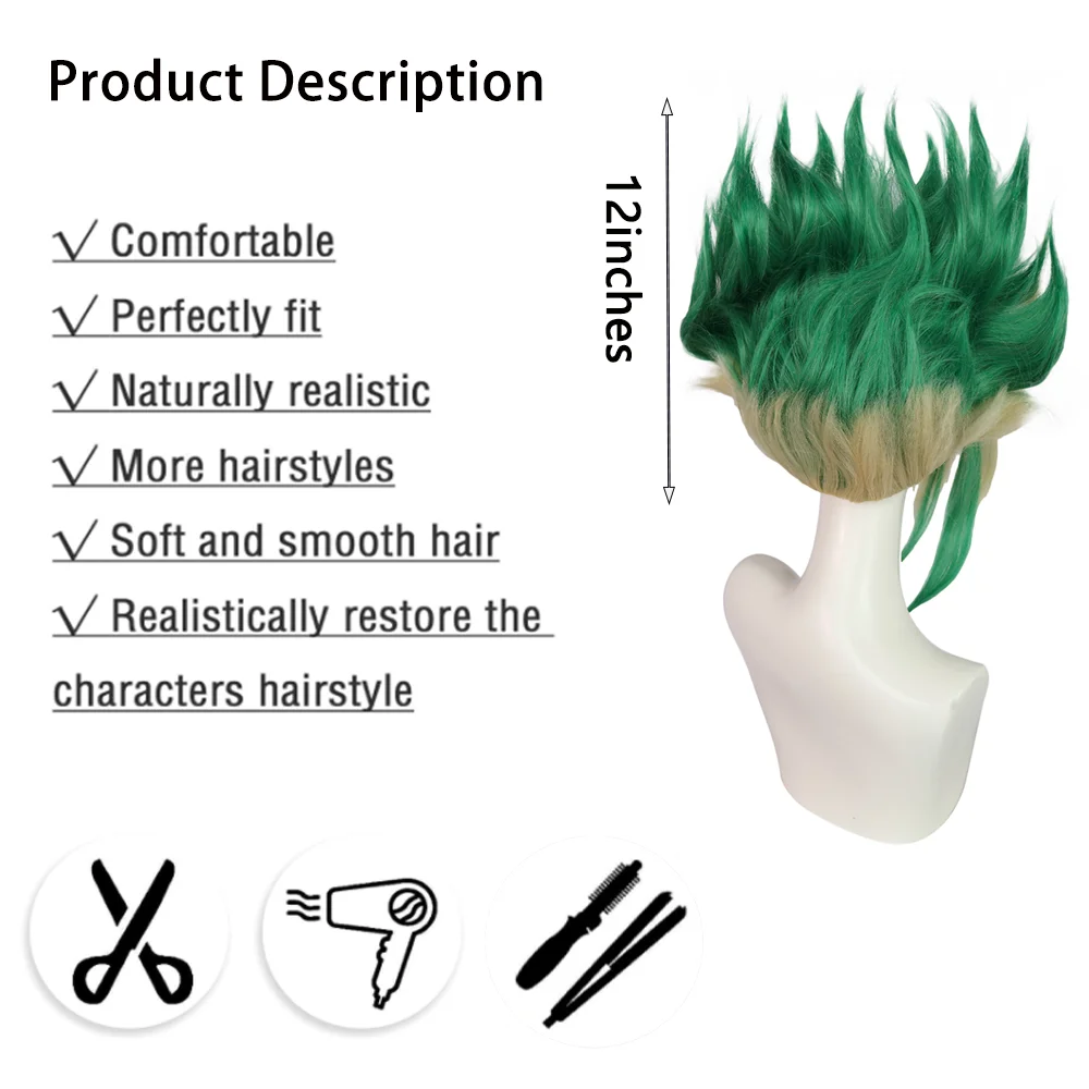 إيشيغامي سينكو شعر مستعار صناعي قصير متدرج أخضر من Dr.Stone مناسب للحفلات اليومية، شعر مستعار مقاوم للحرارة #2