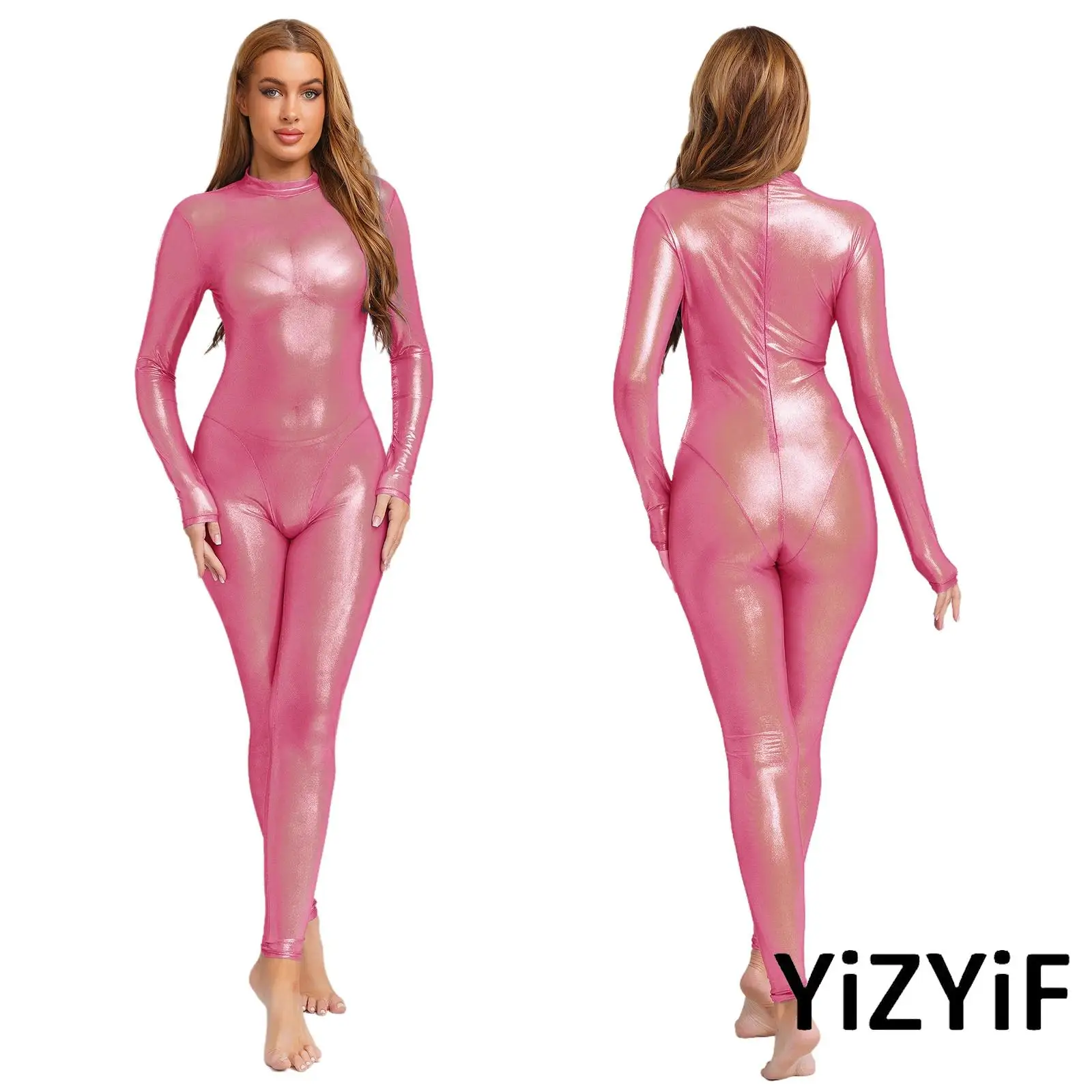 

Sheer Womens Sexy Unitard Back Zipper Catsuit Bodysuit Metallic Shiny Full Body Leggings Tight Nightwear Sheer Jumpsuit Clubwear