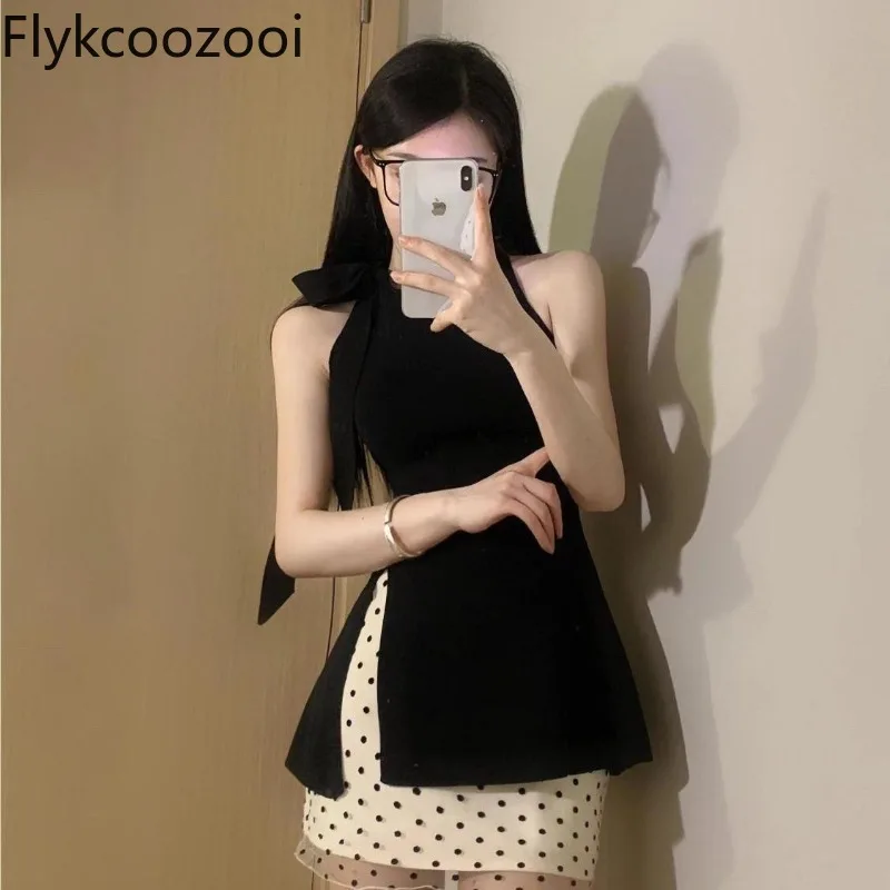 

Celebrity Sleeveless Bow Vent Tight Waisted Shirt Top Women High-waisted Polka Dot Sheath Wrap Hip Mesh Spliced Skirt Two Pieces