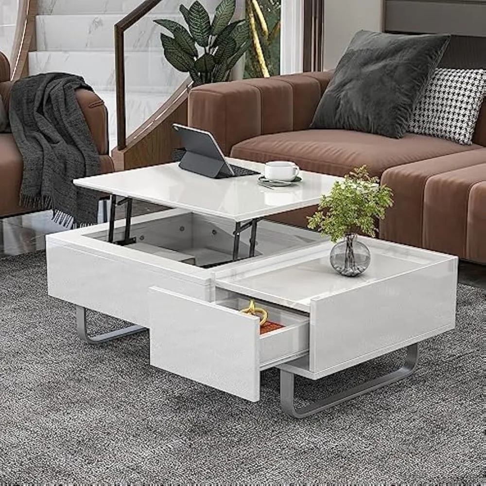 

Lift Top Coffee Table with Storage, Metal Frame Legs, High-gloss Surface Dining Tables, Contemporary Coffee Table