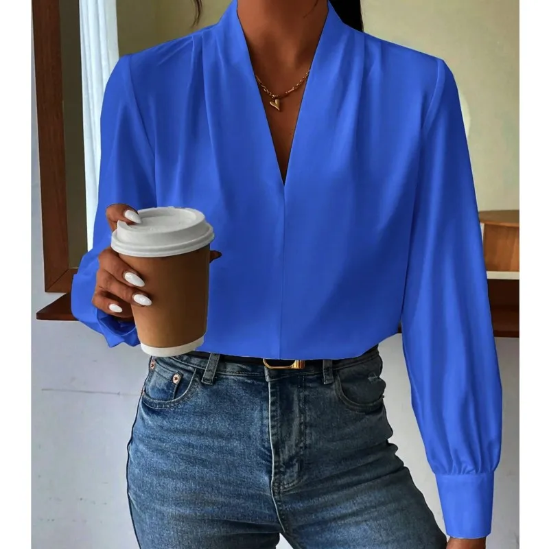 2024 Spring and Autumn Winter New Office Women\'s Long Sleeve Shirt Design Sense V-neck Solid Color Loose Top Autumn Shirt