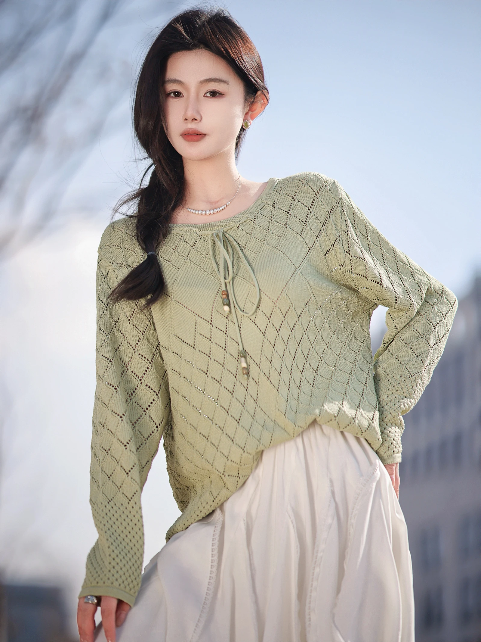 

Loose Hollow out Knitted Sweater round Ne Long Sve Commute Sle Spring New Arrival Women's Faion Casual Wear
