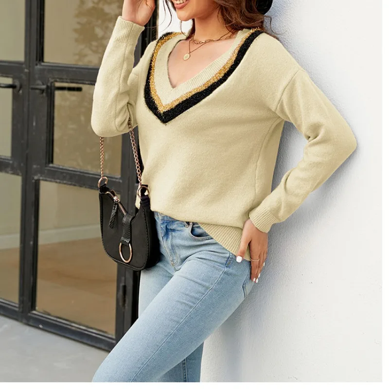 Autumn and Winter Women's Pullover V-neck Solid Sequin Contrast Long Sleeve Sweater Knitted Bottom Office Lady Casual Tees Tops