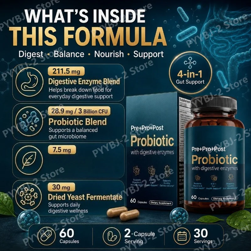 Probiotic Dietary Capsules 60 Count Supplement Support Intestinal & Immune System Health — Prebiotics and Digestive Enzymes Etc