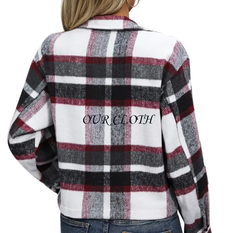 Women's Vintage Loose Shacket Button Down Long Sleeve Plaids Jackets Shirts Coat Y1AC
