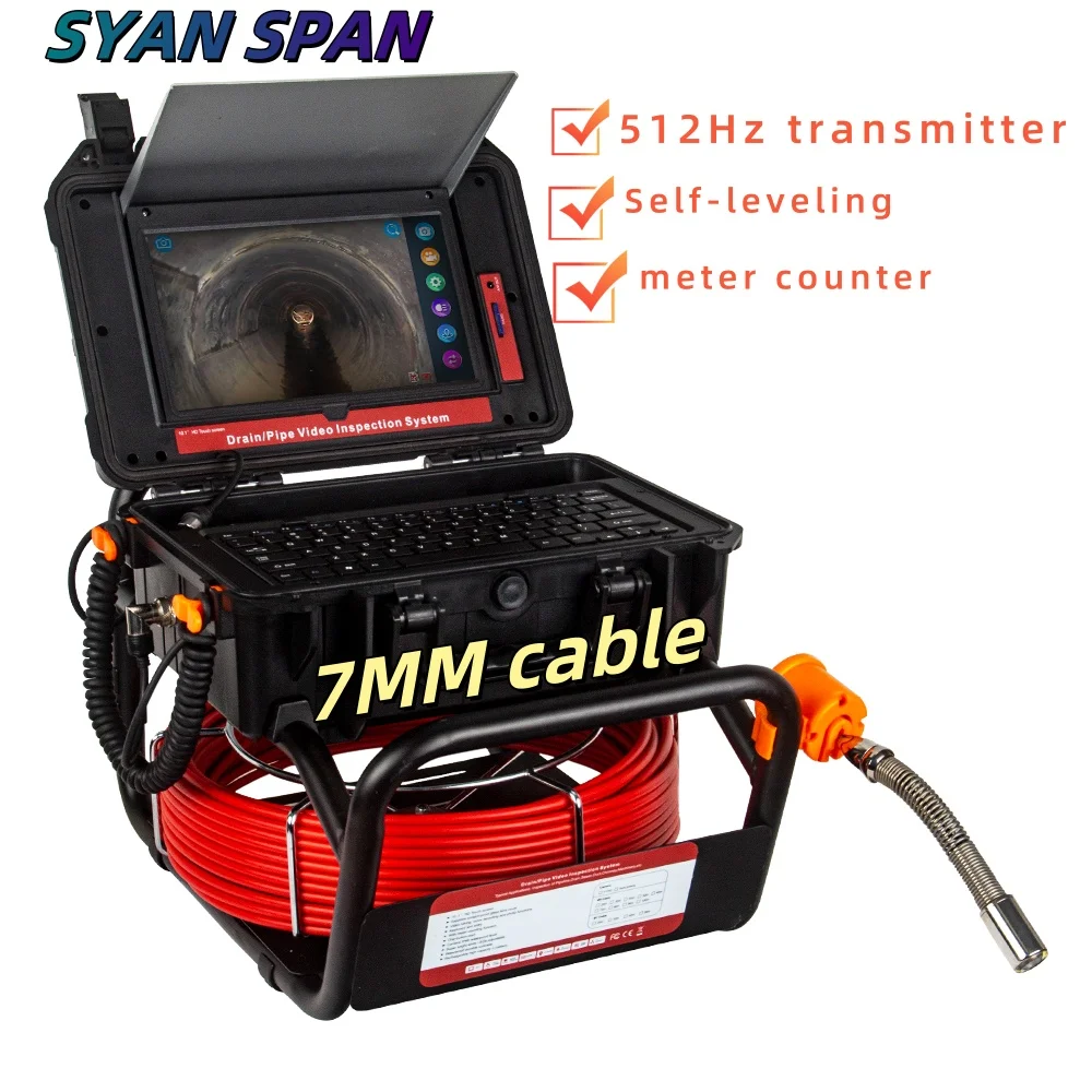 

SYANSPAN Pipeline inspection endoscope 512HZ Positioning+Self-leveling 10.1‘’ Screen meter counter IP68 Waterproof 23MM Camera