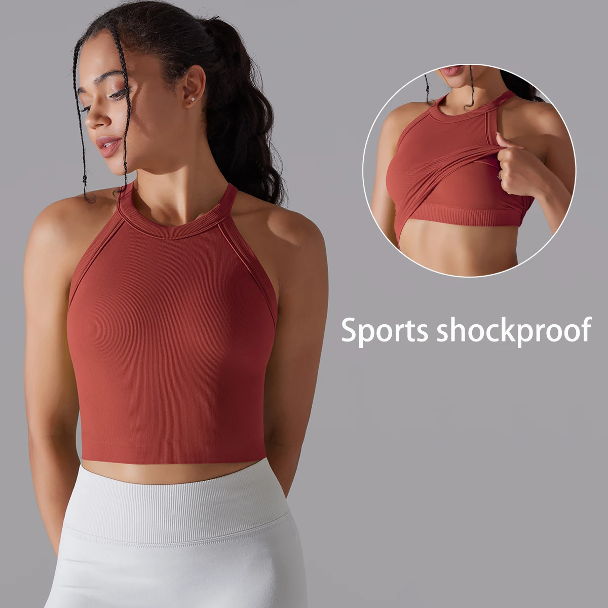 Women Sports Vest Fitness Bra With Chest Pads Seamless Double Layered Shockproof Cropped Top Gym Workout Running Bra Vest