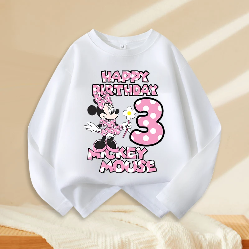 Mickey Minnie Mouse Number T-shirt Long Sleeves Cotton Girls Clothes Personalized Casual Cute Kids Birthday Tops Fashion Toddler