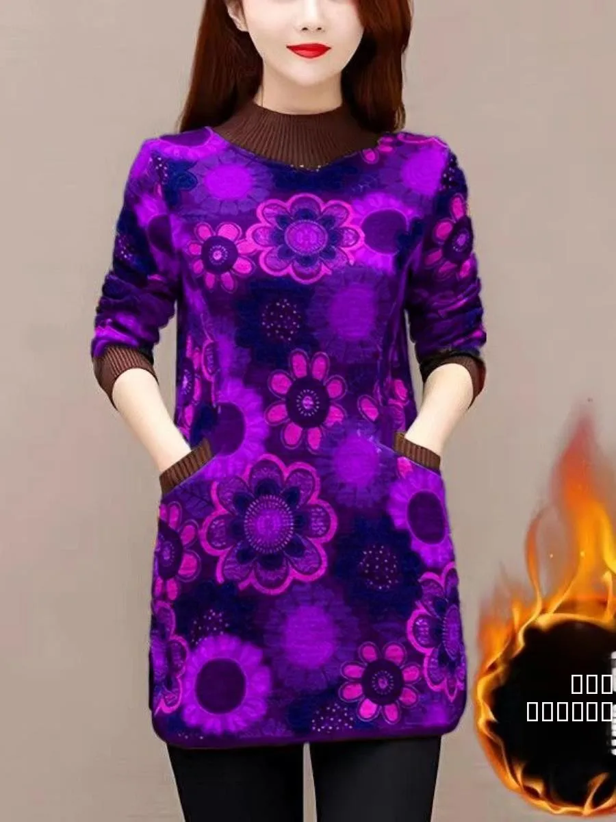 

Thiened Fce Women's Long Sve Base irt Loose Outerwear Coat for Middle-Aged Mothers plus Size Winter Commute Sle