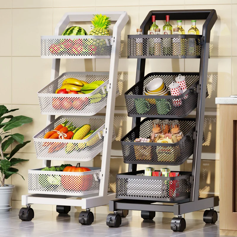 

Trolley Rack Kitchen Fruit and Vegetable Basket Movable Storage Basket Floor Household Multi-Layer Article Storage Shelf