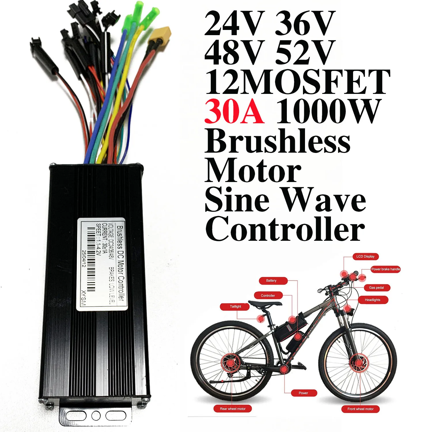 

24V 36V 48V 52V 30A Sine Wave Controller Tri-mode 1000w 12mosfet Brushless Motor Controller fo Scooter Electric assisted bicycle