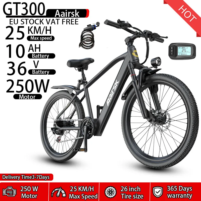 Aairsk GT300 E-Bike 250W Motor 36V 10Ah Lithium-Akku Höchstgeschwindigkeit ​ ​ 25 km/h Elektro-Mountainbike, Vorderradgabel mit Federung, Doppel-Scheibenbremsen, Intelligentes LCD-Display,
