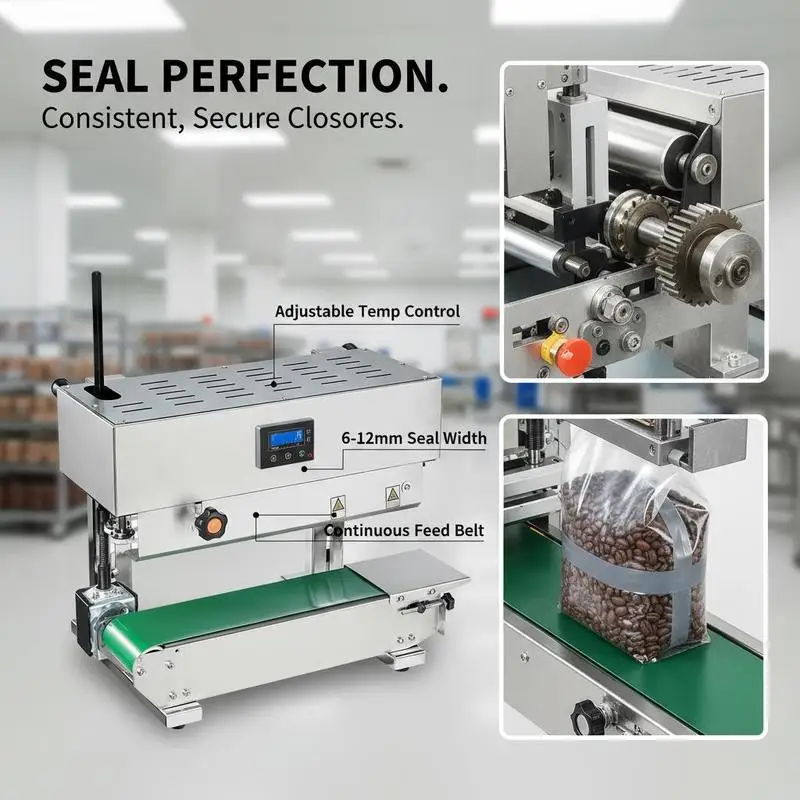 Automatic Vertical Pouch Sealer 6-12 mm Seal Width For Food Packaging Chemical Processing Hardware Manufacturing Digital Temperature Control Adjustable Conveyor 0.02-0.8 mm Plastic Film Bags Metal Construction Continuous Operation Design