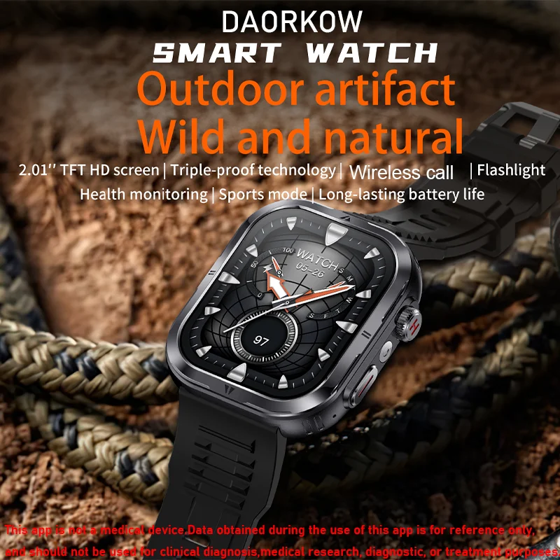 2026 NEW 2.01-inch Outdoor Military Smart Watch 3ATM Waterproof Bulit-in GPS Compass Altimeter Barometric HD Call Smartwatch Men
