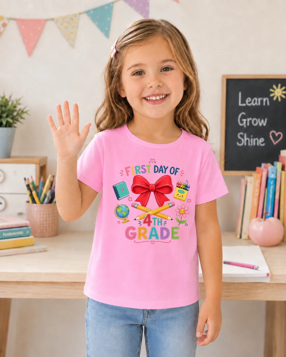 First Day of 4th Grade Kids T Shirt Cute Bow Pencil Graphic Tees Girls Back To School Short Sleeve Tops Children Back to School