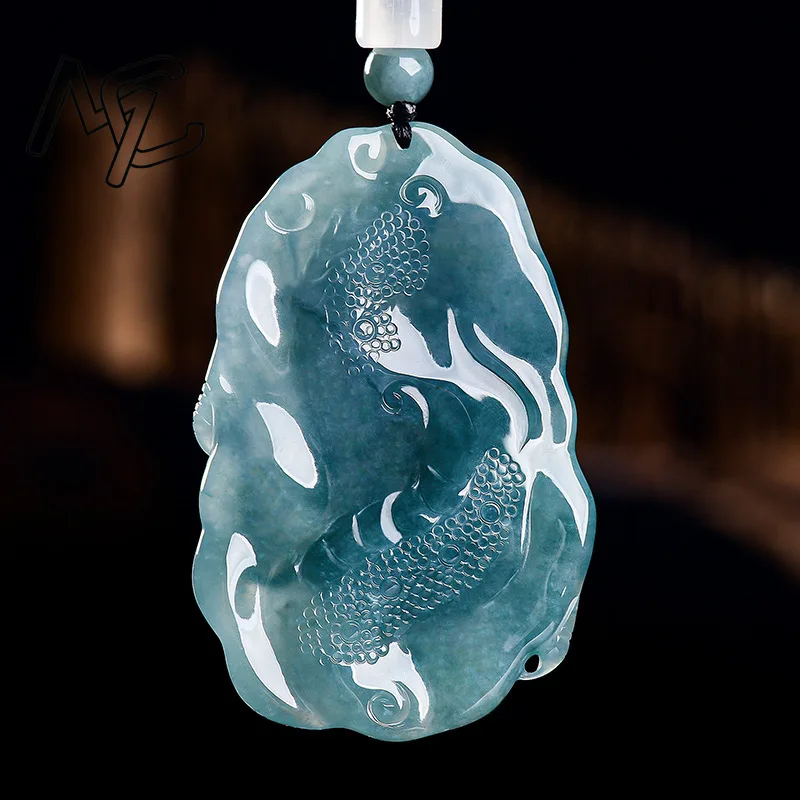 Real New Natural Emerald Blue Water Mighty Dragon Card Pendant Necklace Carved Charm Jadeite Jewelry Fashion Gifts Certificate