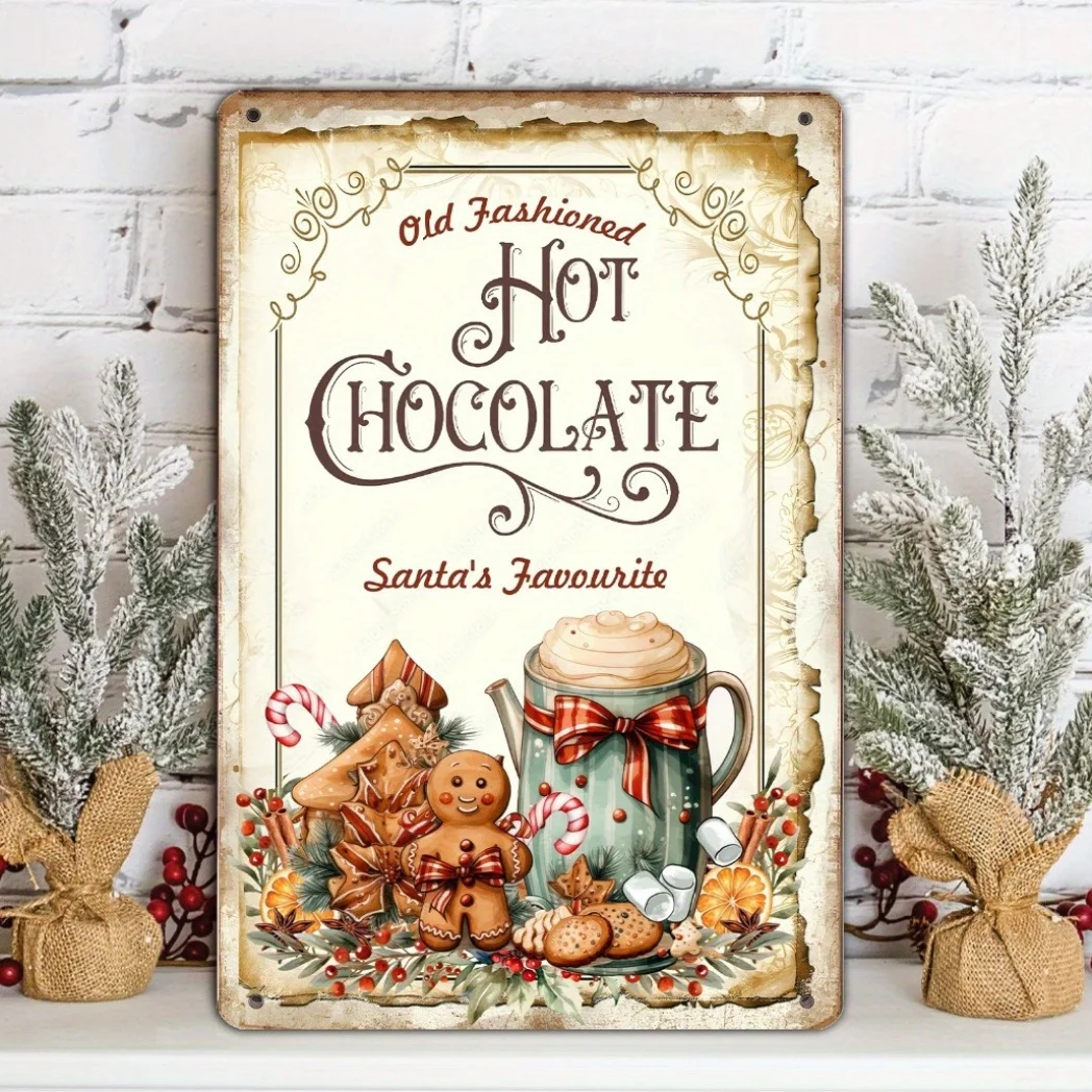 Letrero de metal estilo vintage, chocolate caliente a la antigua, el favorito de Papá Noel, placa decorativa multiusos en inglés
