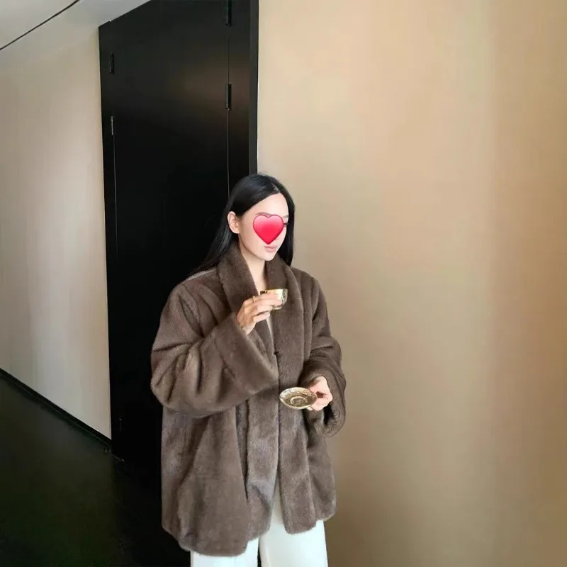 Women's Models Autumn Winter Tops Coat Faux Fur Mid-length Eco-friendly Thickened Warm Personalized Retro Simple Loose Leisure