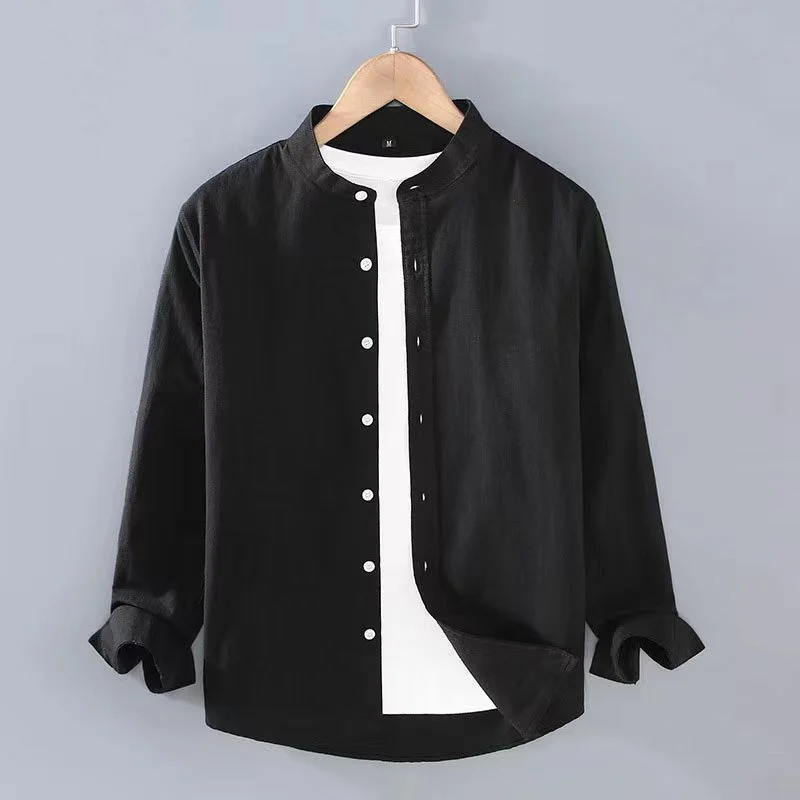 Camisa de linho manga comprida masculina, gola alta, monocromática, branca, preta, macia, confortável, simples, primavera, verão, 2022