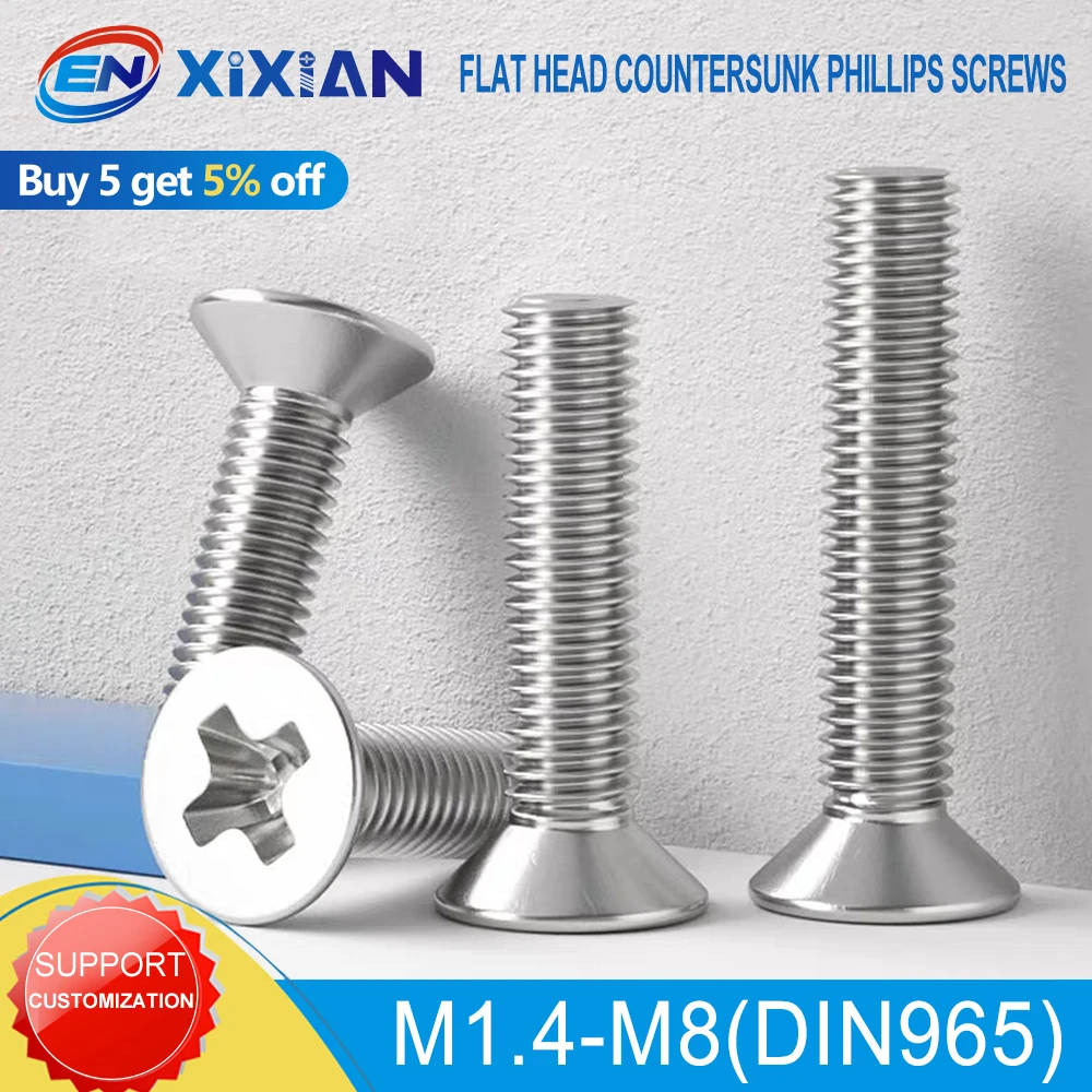 Винты с потайной головкой DIN965 из нержавеющей стали 304, размеры M1.4, M1.6, M2, M2.5, M3, M3.5, M4, M5, M6, M8, с крестообразным шлицем Phillips
