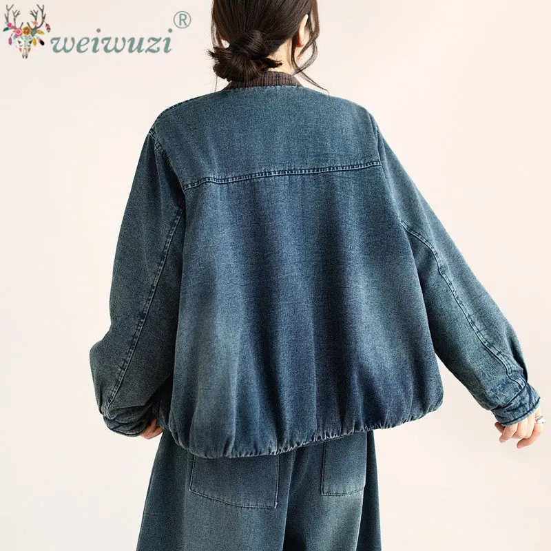 Women Fashion Vintage Denim Padded Jacket Loose Stand Collar Thickened Cotton Coat Long Sleeve Classic Punk Warm Jean Outerwear