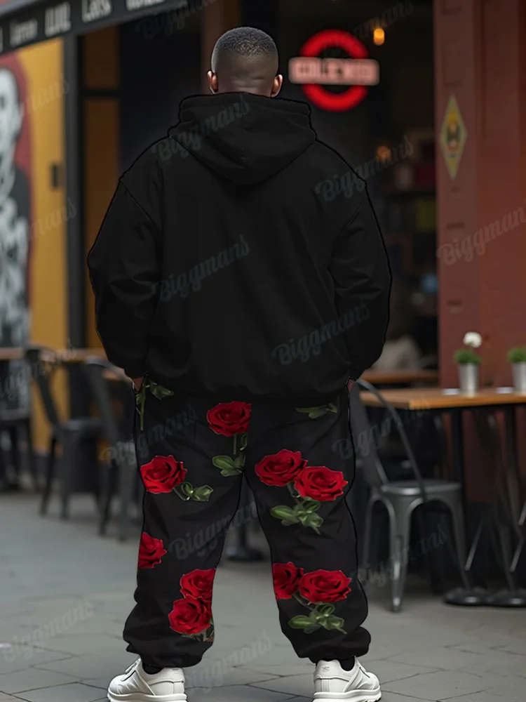 Biggmans Letter Print Plus Size Rose Hoodie Suit Mens Daily Casual Thick Long Pants Outfits Male Pockets Trouser Two Piece Set