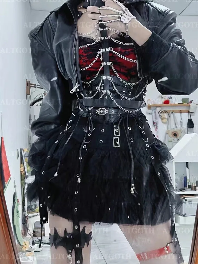 Altgoth Cyber Punk cake Mall Goth ชุดสตรีทแวร์ฮาราจูกุตาไก่เย็บปะติดปะต่อกัน ROK high waist เย็บปะติดปะต่อกันเครื่องแต่งกายแนวกรันจ์