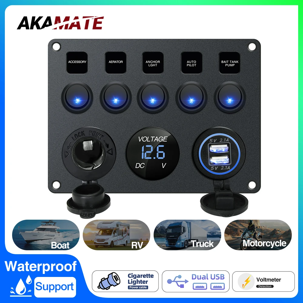 

Переключатель AKAMATE, 5-клавишный переключатель управления, панель со светодиодной подсветкой, USB-выключатель для автомобиля, грузовика, морской лодки, автофургона, квадроцикла, UTV, кемпера, каравана