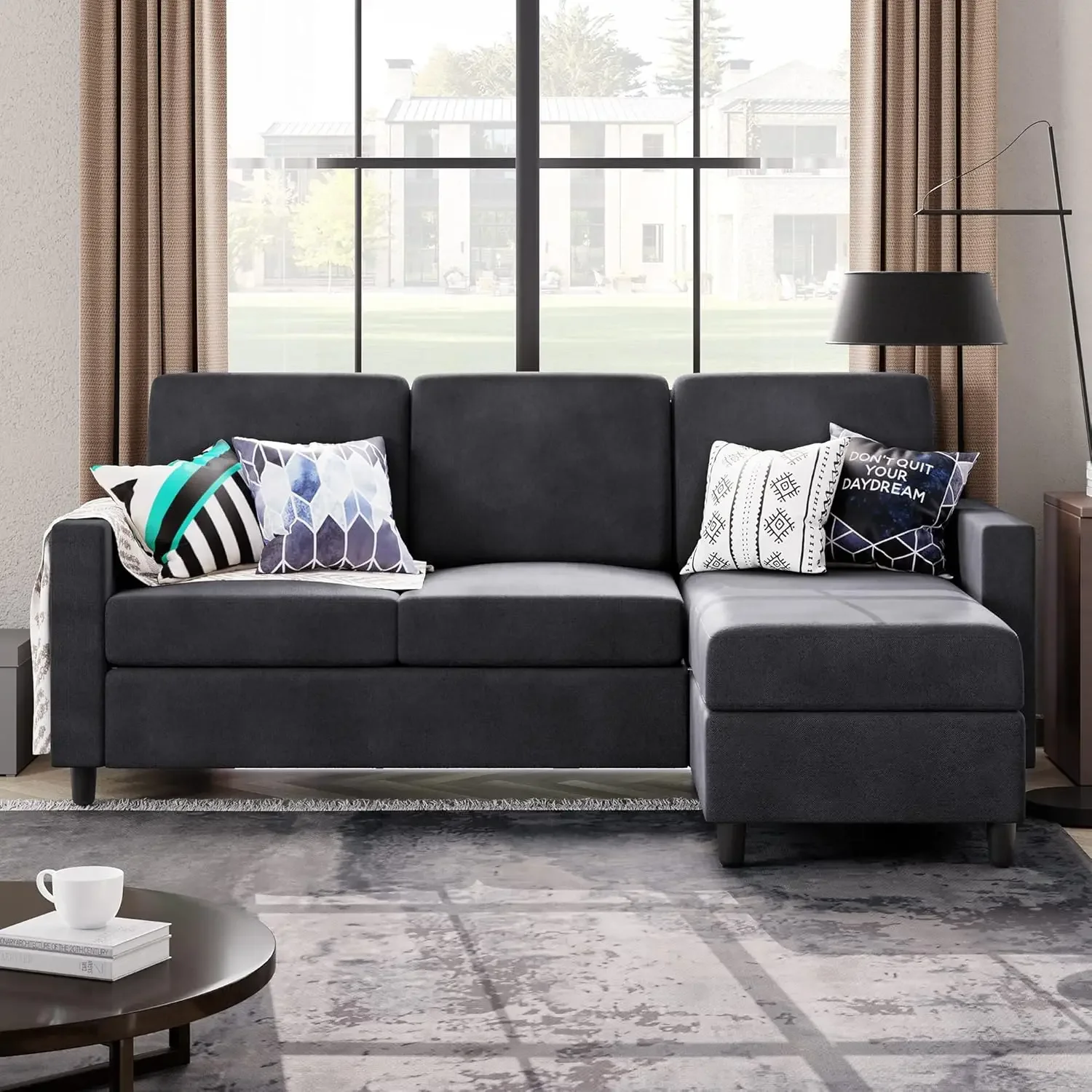 Convertible Sectional Sofa Couch, Modern Linen Fabric L-Shaped Couch 3-Seat Sofa Sectional