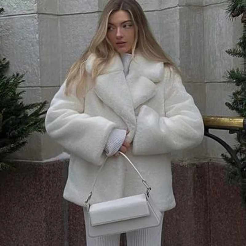 Women Fashion Black Cropped Faux Fur Jacket Coat Long Sleeve Front Snap-button Female Outerwear Chic Lapel Collar Thick Coat