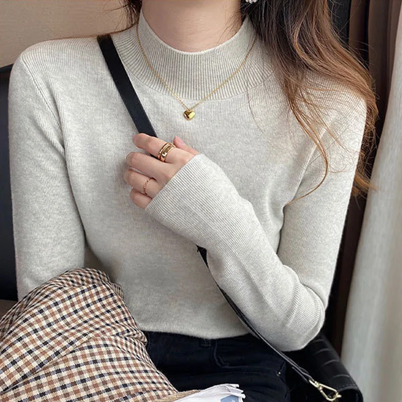 Fashion Half Turtleneck Pullover Sweater Elegant Long Sleeve Basic Knitted Tops Autumn Winter Jumper Women Clothes Sueter 23944