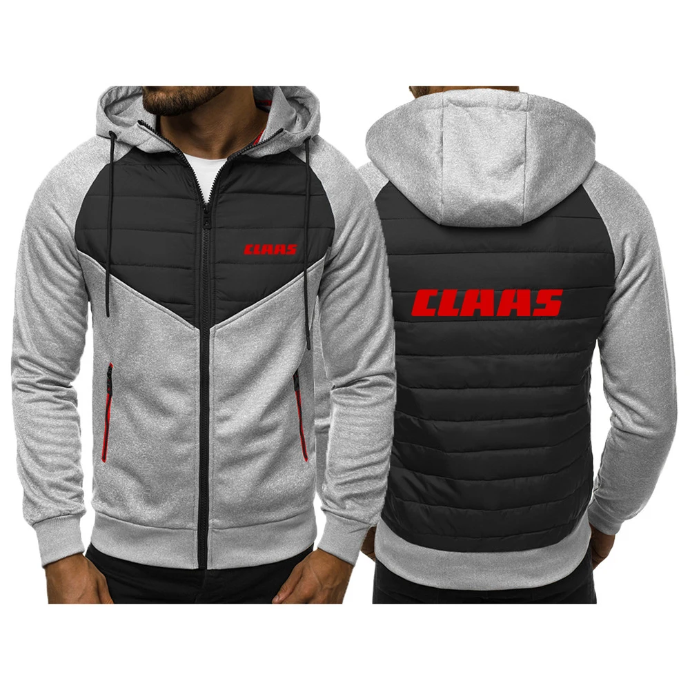 2024 Spring Autumn Men's Claas Tractor Agriculture Logo Print Comfortable Splicing Warm Cardigan Zipper Thin Hooded Down Jackets