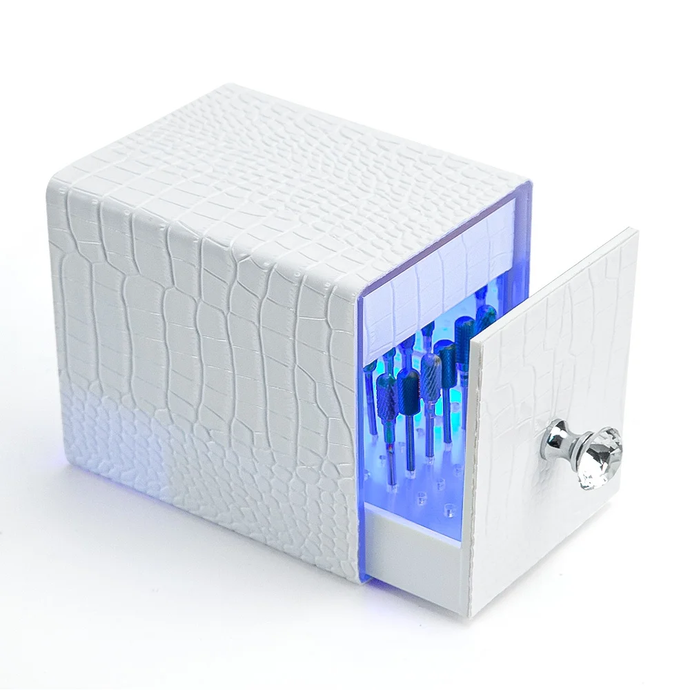 48 Holes Leather Nail Drill Bit Holder Box with UV Light for   Head Cleaning Dustproof Equipment