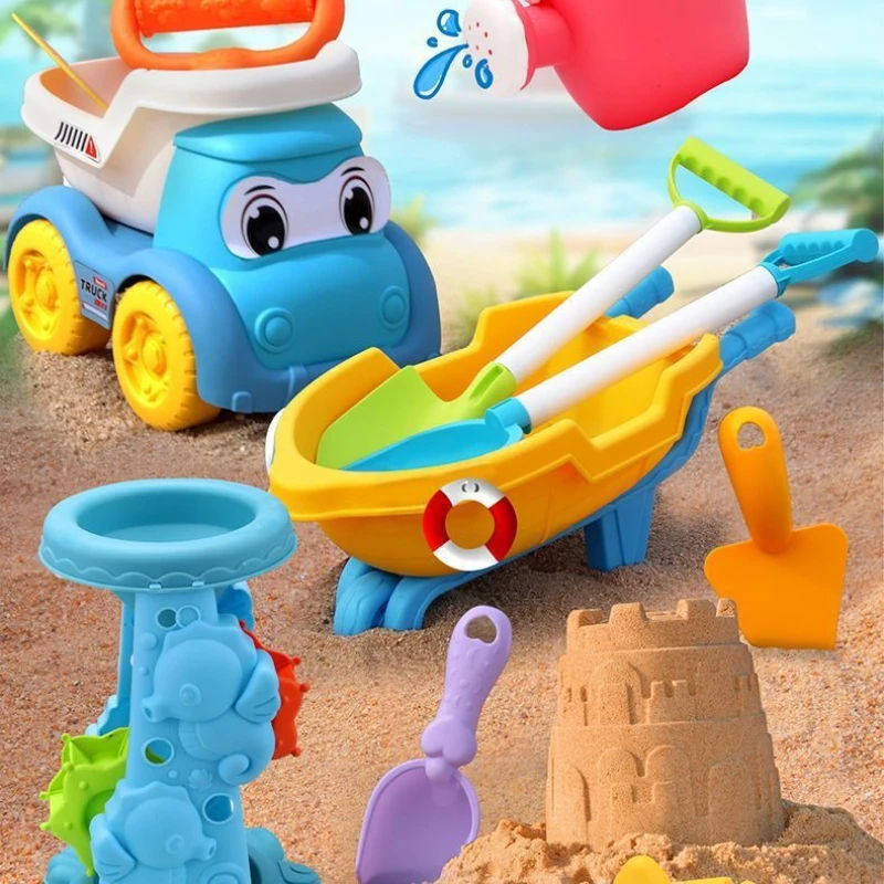 Caja de arena para niños al aire libre de verano, cubo de arena con reloj de arena para niños, Kit de construcción de castillo de playa, herramienta de rastrillo de pala, juego de arena para excavar para niños