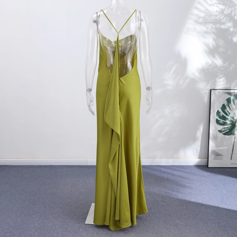 Sexy Women's Satin Solid Long Dress Swing Collar Sleeveless Backless Spaghetti Strap Slit Dresses 2026 Summer Evening Lady Robes