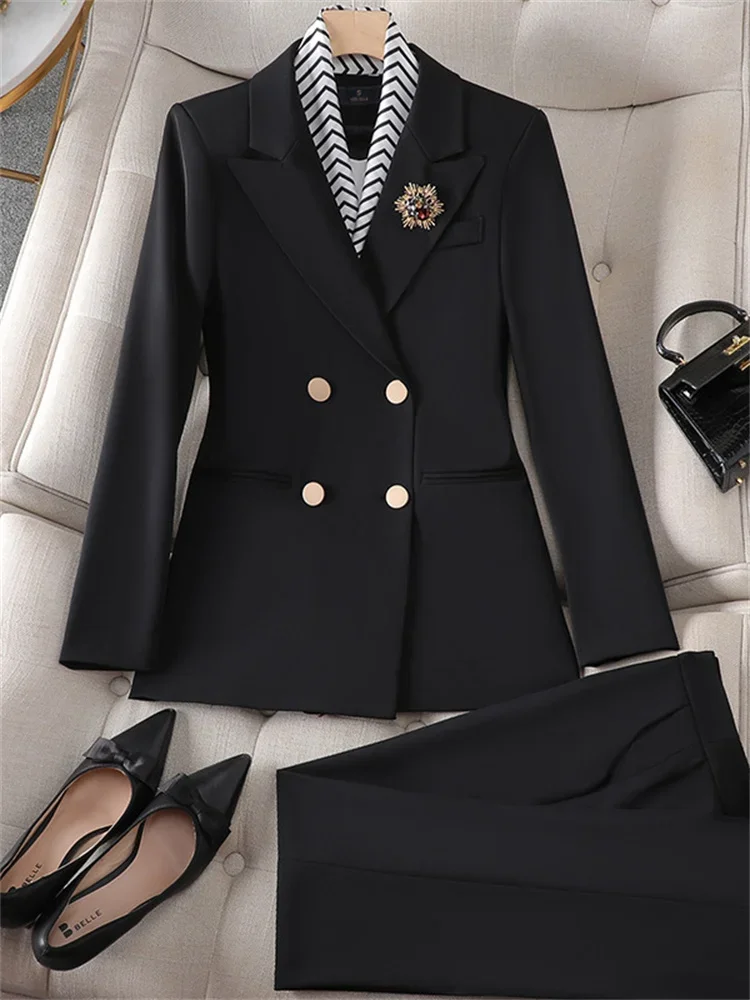 Slanke Office Dames Tweedelige Sets Womens Nieuwe Double Breasted Turn Down Kraag Blazers Elegante Mini Rok Past JJ1082