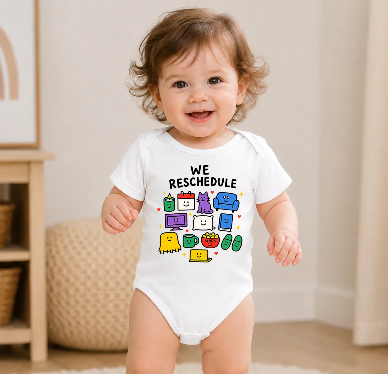 Cute We Reschedule Letter Baby Onesie Cartoon Home Item Print Cotton Short Sleeve Bodysuit Newborn Unisex Baby Boy Girl Romper G