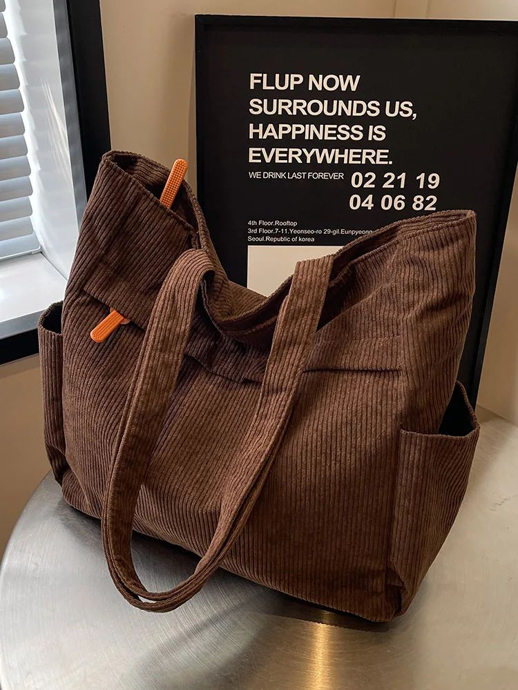 American Retro Corduroy Tote Bag Large Capacity Multi-compartment Commuter Shoulder Bag Soft British Style Leisure Handbag