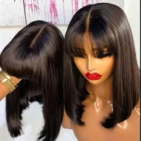 Short Straight Bob Wig Human Hair with Bangs 3x1 Lace Middle Part Full Machine Made Natural Black Wig for Black Women