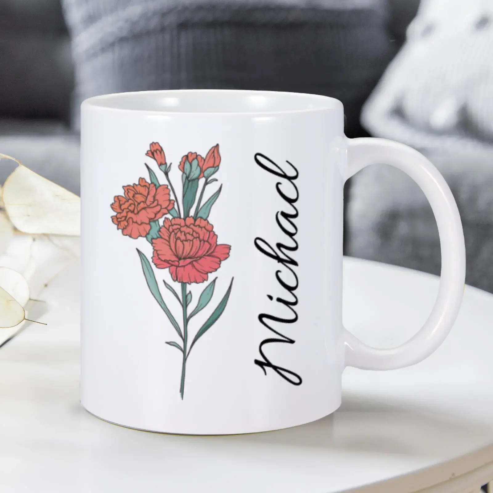 Customized Name Ceramics Mug Personalised 11 oz Tea Water Cup Birth Month Flower Mugs Home Office Coffee Cups Birthday Gifts