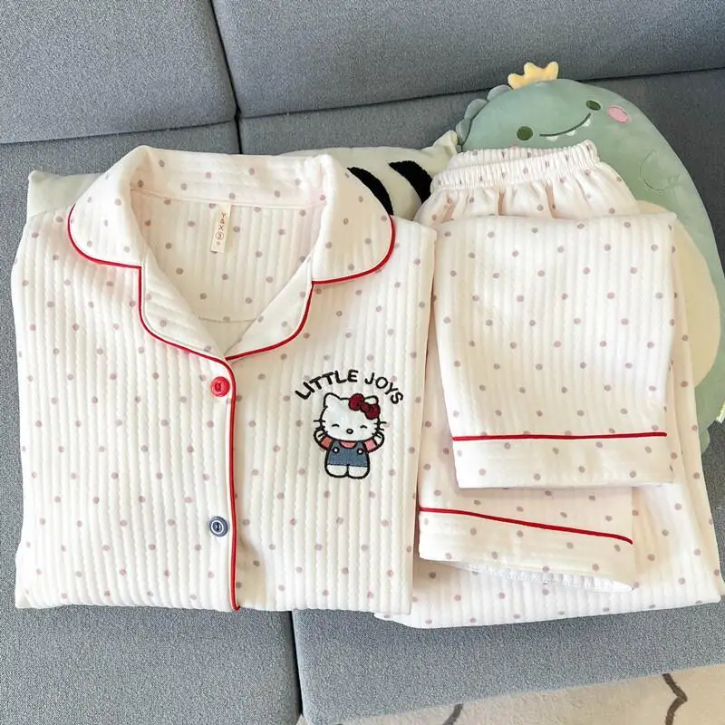 

Sanrio Kitty Pajamas Cotton Women Loungewear Autumn Winter Cotton Padded Warm Sweet Cartoon Thickened Japanese Style Nightwear